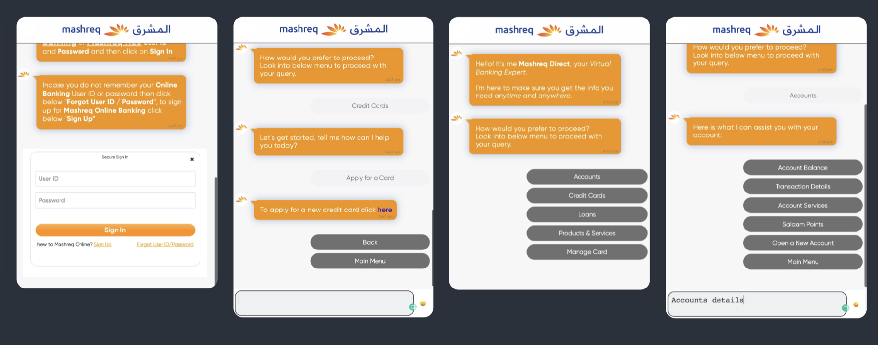 Four Mashreq Neo Connect chat screens: secure sign-in, credit card application dialogue, and task menus listing accounts, credit cards, loans, products and services